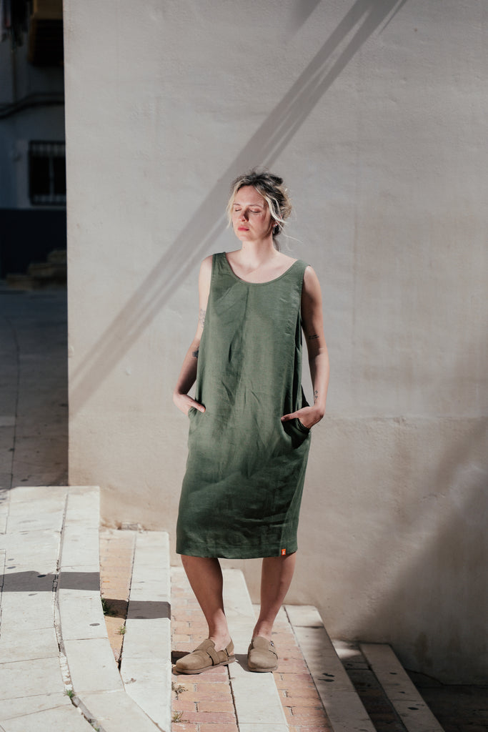 Women's dark green linen sleeveless dress Lola