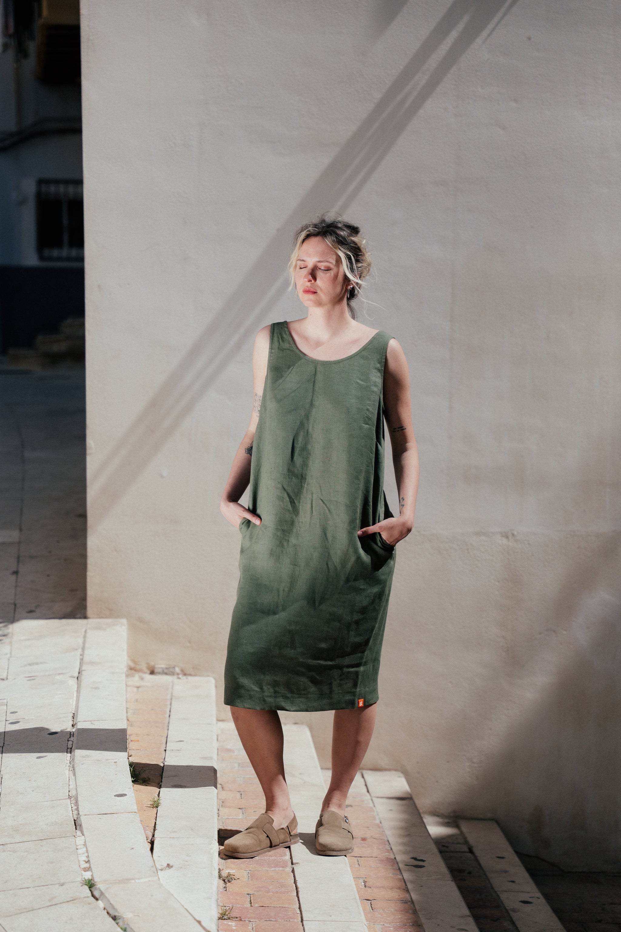 dark green linen dress Long linen dress GRENADA in Deep green