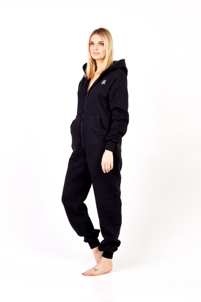 all black onesie with zipper in the back