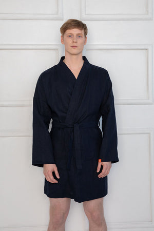 dark blue linen robe – Linen Robe Premium Loungewear