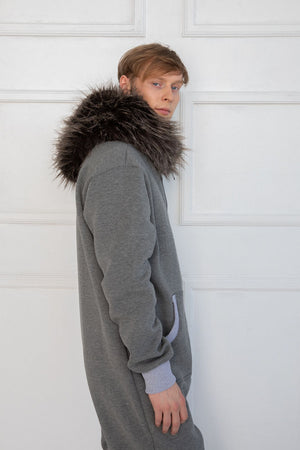 Sofa killer grey onesie with fur hood – Adult Jumpsuit, Premium